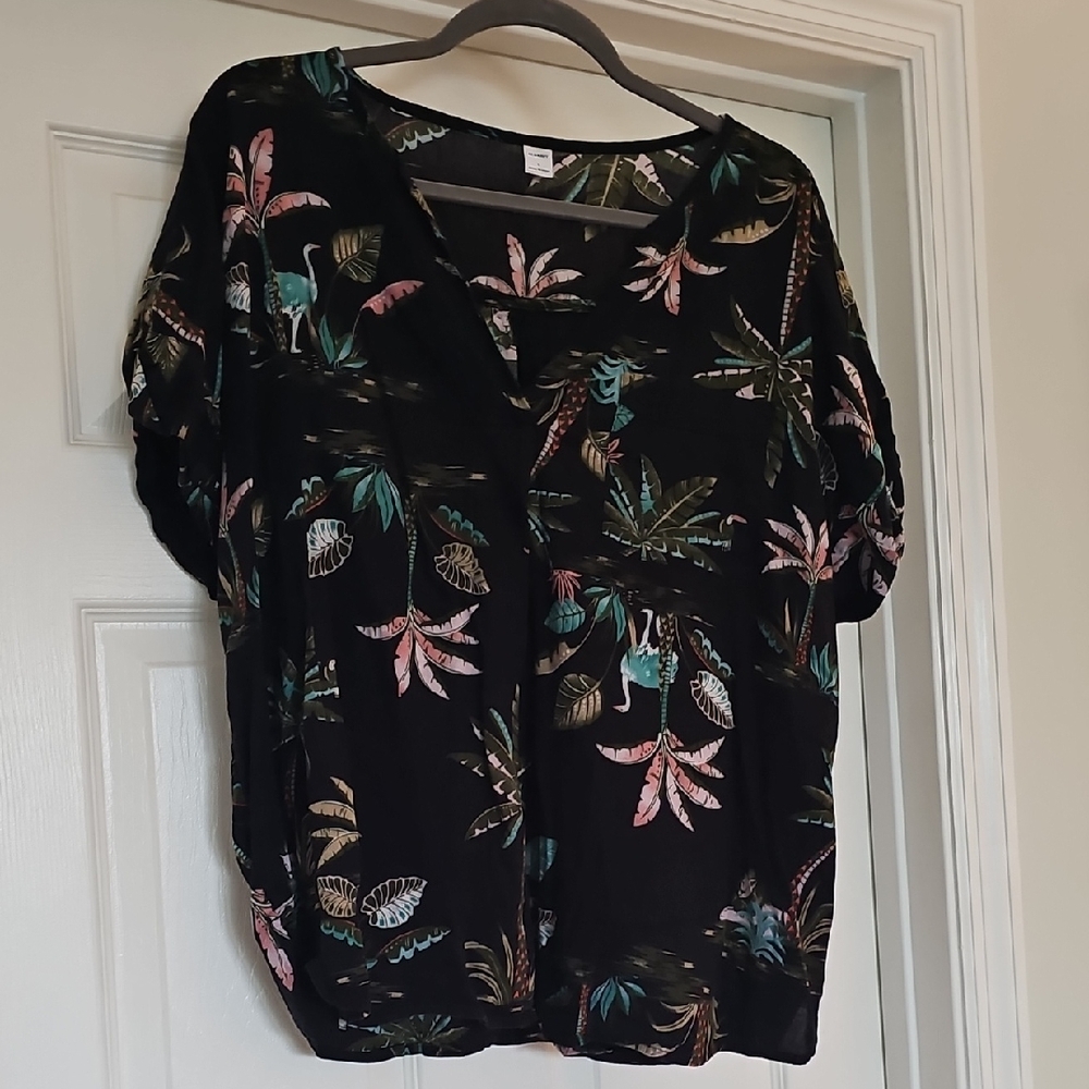 Old Navy Black Tropical V-Neck Blouse with Pink and Teal Leaves